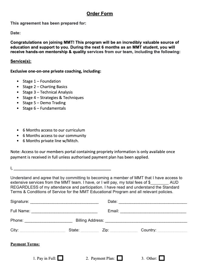 Client Agreement order form and signature section